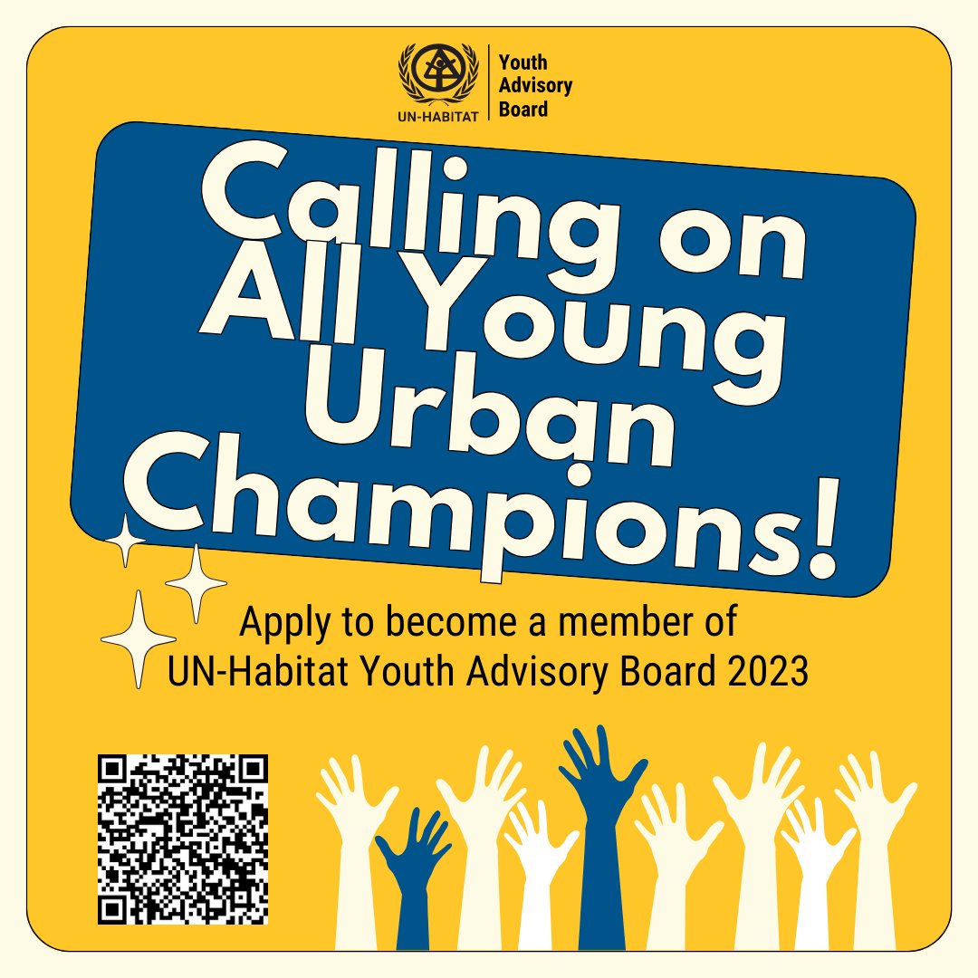 UNYouthAffairs's tweet photo. Interested in providing your insights &amp; recommendations to @UNHABITAT on strategies for sustainable urban development? 🏙️

Apply by 🗓️ 15 October to become a member of its Youth Advisory Board if you are aged 18-32 🙌 https://t.co/0G7GVgRhUR

@unhabitatyouth https://t.co/6pWtOGOvve