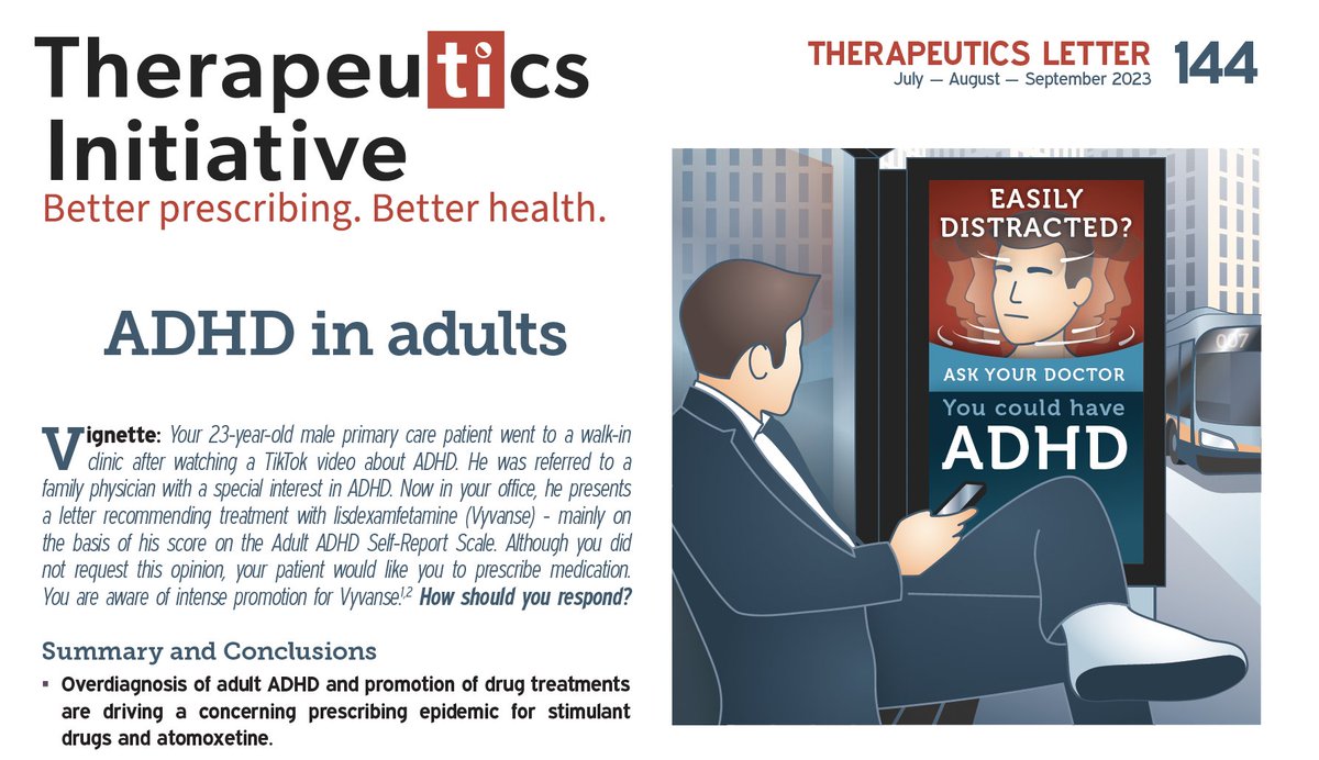 🧵How should we diagnose & manage adult attention deficit hyperactivity disorder (ADHD)? 1/ Our UBC TI Therapeutics Letter 144 examines the evidence for pharmacotherapy and non-drug treatments for adult #ADHD 👉🏽ti.ubc.ca/letter144 #MedEd #MedTwitter #diagnosis #prescribing