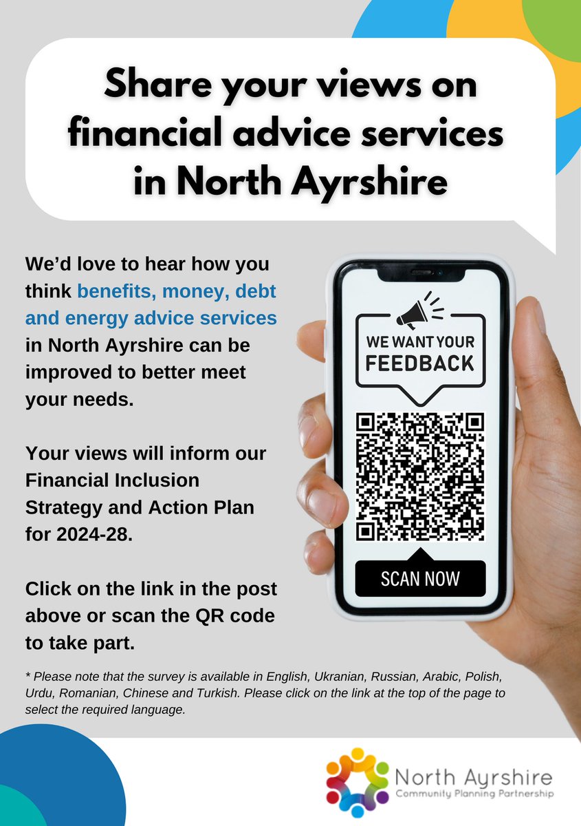 We’d love to hear how you think benefits, money, debt and energy advice services in North Ayrshire could be improved to better meet your needs. Take part in our short survey at tinyurl.com/udkvk95f. Survey closes on Friday 3 November.