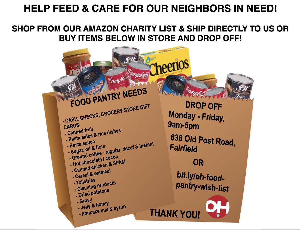 Here's how you can help stock our Food Pantry shelves this month! Don't feel like going to the store? Shop on Amazon at bit.ly/oh-food-pantry…. Thank you!