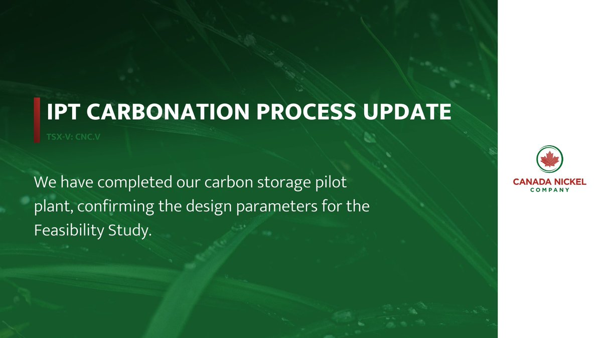 We have completed our carbon storage pilot plant, confirming the design parameters for the #FeasibilityStudy. Results from the FS for our flagship Crawford project will be announced on October 12. Stay tuned!

Read the news release: bit.ly/48tVP79

$CNC #Nickel #Mining