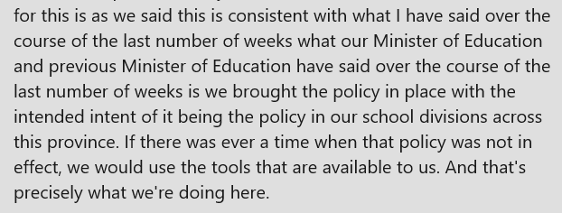 DrKyle's tweet photo. When @SLangeneggerCBC asked @PremierScottMoe  what the rush was to put in his policy, he said this insane word salad that says nothing at all: https://t.co/5BSBMbC2k9