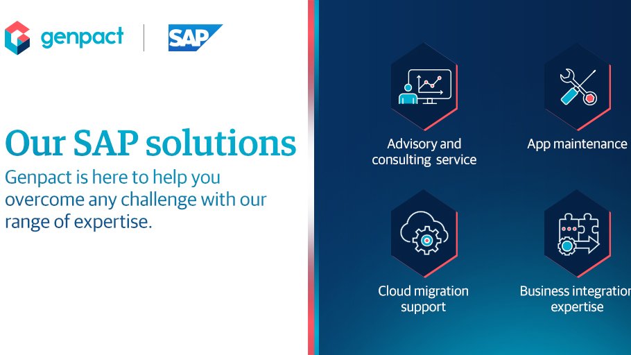 Genpact's tweet photo. Want to make the most of your #SAP solutions? We can help. See why you can count on Genpact to stand by your side, turning challenges into triumphs. #BusinessSolutions  #BusinessIntegrator #DigitalTransformation https://t.co/qmfc7MSjo8