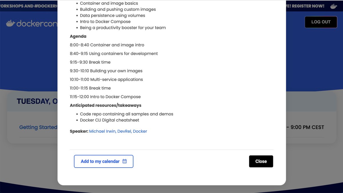karolykassjr's tweet image. &quot;Add to my calendar&quot;: It puts the Workshop link into your calendar. (dockercon23-getting-started-workshop)
#DockerCon23 #Dockercon #docker101 #docker🐋