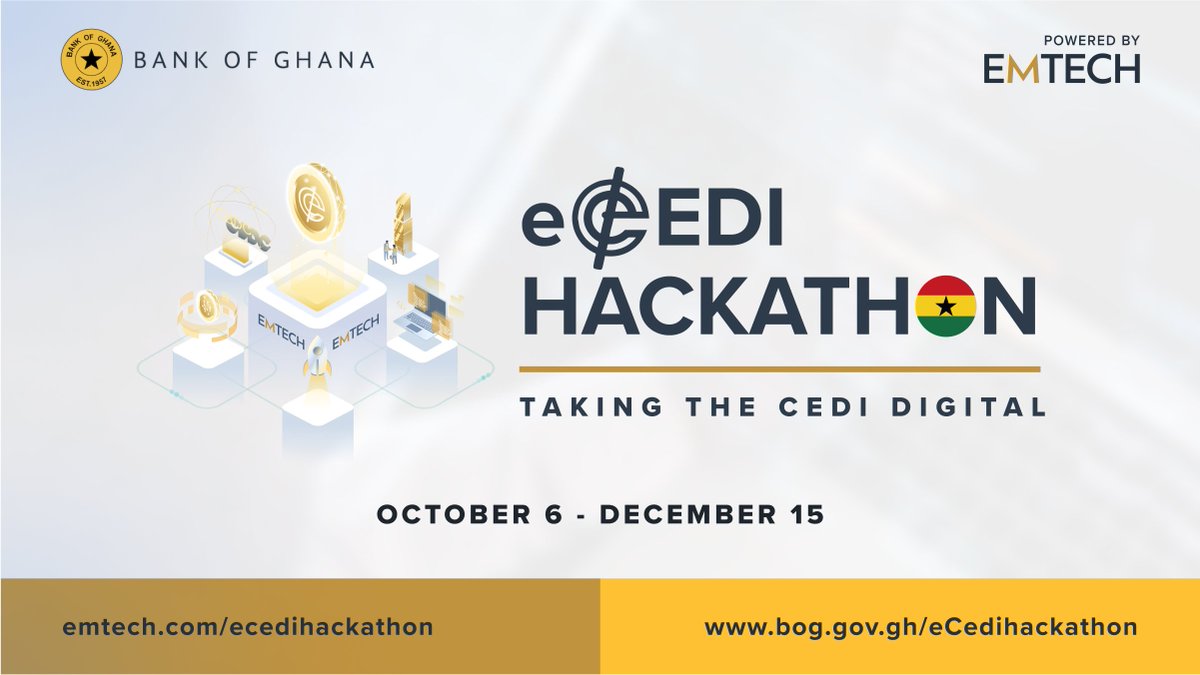 emtech_inc's tweet photo. π₯ Today we are delighted to announce our partnership with BOG in launching its first ever eCedi Hackathon!
For details visit:
https://t.co/KCejd9zOif
#eCedihackathon #poweredbyemtech #builtonhedera
#CBDCHK #BankofGhana #DigitalCash #ForModernCentralBanking https://t.co/M1gC733UuW