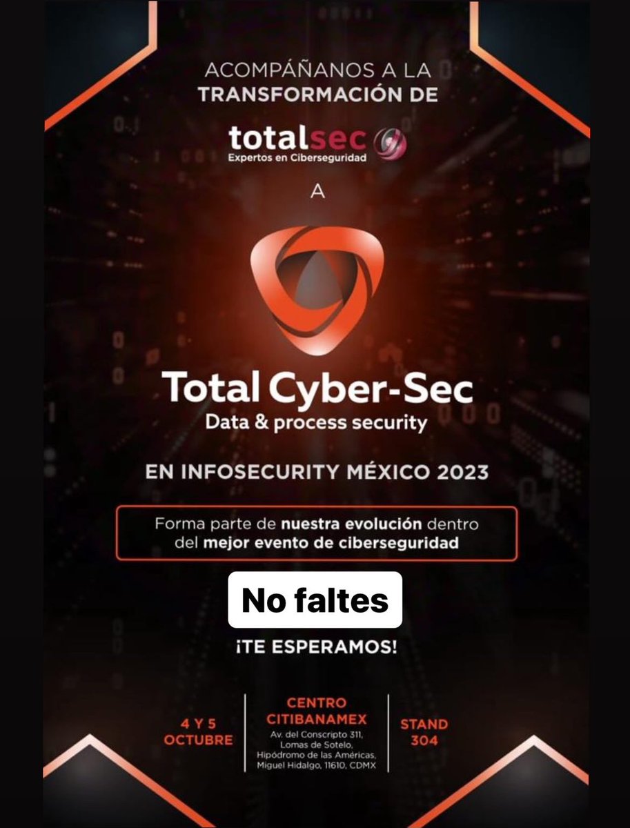 AnaMaria2307's tweet image. Buen día! ☀️😃 Amigues los esperamos en #Infosecurity para que nos acompañen y conozcan la nueva era de la innovacion en servicios de ciberseguridad @TotalsecMx 🚨🙌🏻😎

#totalsec #totalcybersec #expertosenciberseguridad