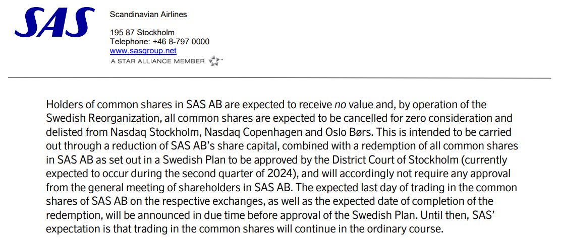 Dette blir spennende, hvem vil kjøpe en aksje som skal nulles?  SAS-aksjen skal i 0 ifølge SAS og det skal skje innen andre kvartal 2024. Inntil da skal den handles som vanlig.  Hva er "vanlig" for en aksje som skal i null?