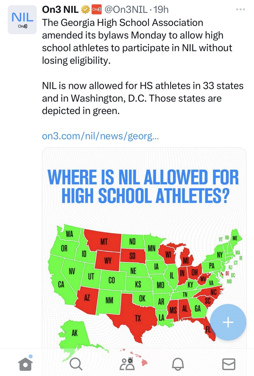 Another hot topic sweeping high school campuses across the country is #NIL. Take a look at the latest graph of whose in & whose out. We are aware that a few of these states in the red are pending because they’ve already put in the paperwork to add #NIL to their sate.