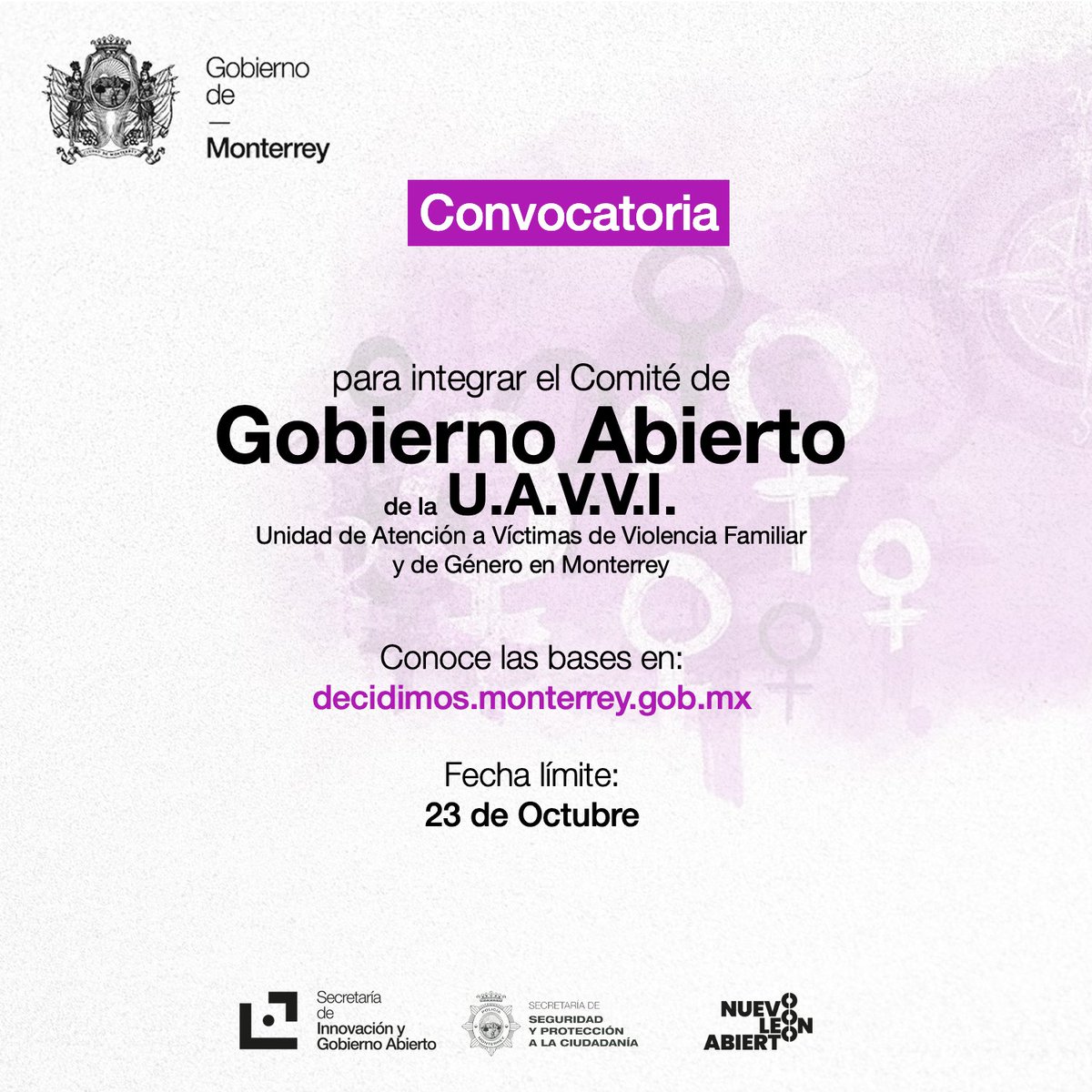 🟣¡Te estamos buscando! 🟣
¿Te interesa contribuir a la erradicación de violencia por razón de género?

💻 Conoce las bases en: decidimos.monterrey.gob.mx

📆 Convocatoria abierta hasta el 23 de octubre de 2023.
💜Ahora trabajamos juntas y juntos💜