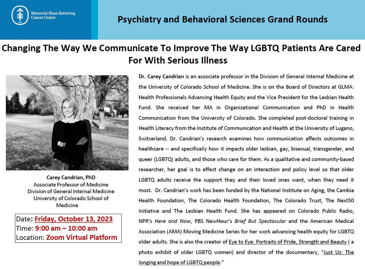 Excited to be there @MSKCancerCenter. Thank you for inviting me to talk about concrete ways for improving the way LGBTQ people are cared for with serious illness.