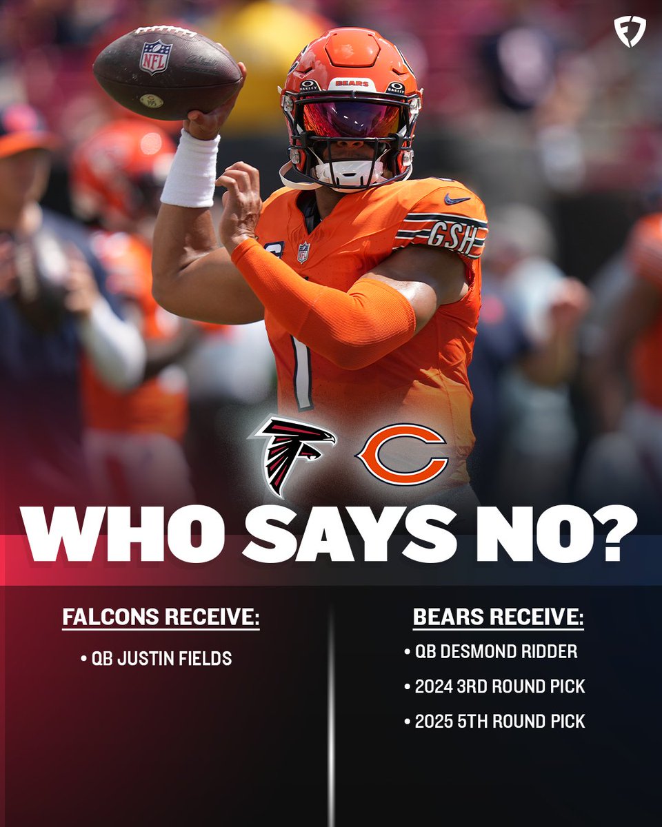 FanDuel's tweet image. Justin Fields. 
Bijan Robinson. 
Drake London. 
Kyle Pitts. 

Should the Bears and Falcons get this deal done? 🤔

#DaBears | #DirtyBirds