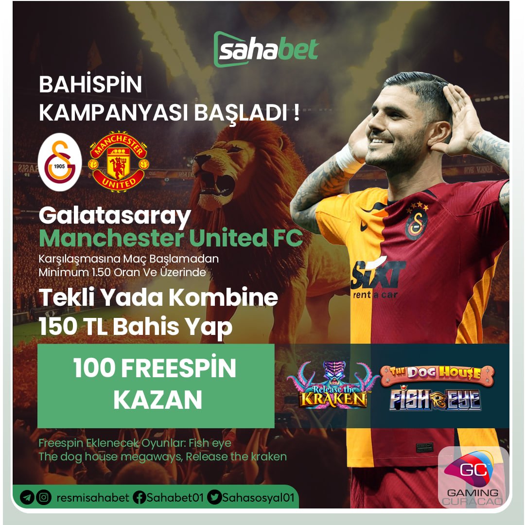 🇹🇷BAHİSPİN 100 FREESPİN ! 

⚽️Galatasaray - 
⚽️Manchester United FC 

⚽️Karşılaşmasına Maç Başlamadan 
⚽️Minimum 1.50 Oran Ve Üzerinde 
⚽️Tekli Yada Kombine 150 TL Bahis Yap

🟩Kupon Kazansa Da Kaybetse De 
🟩Bedava 100 Freespin Kazan !

🎰Fish eye
🎰The dog house megaways