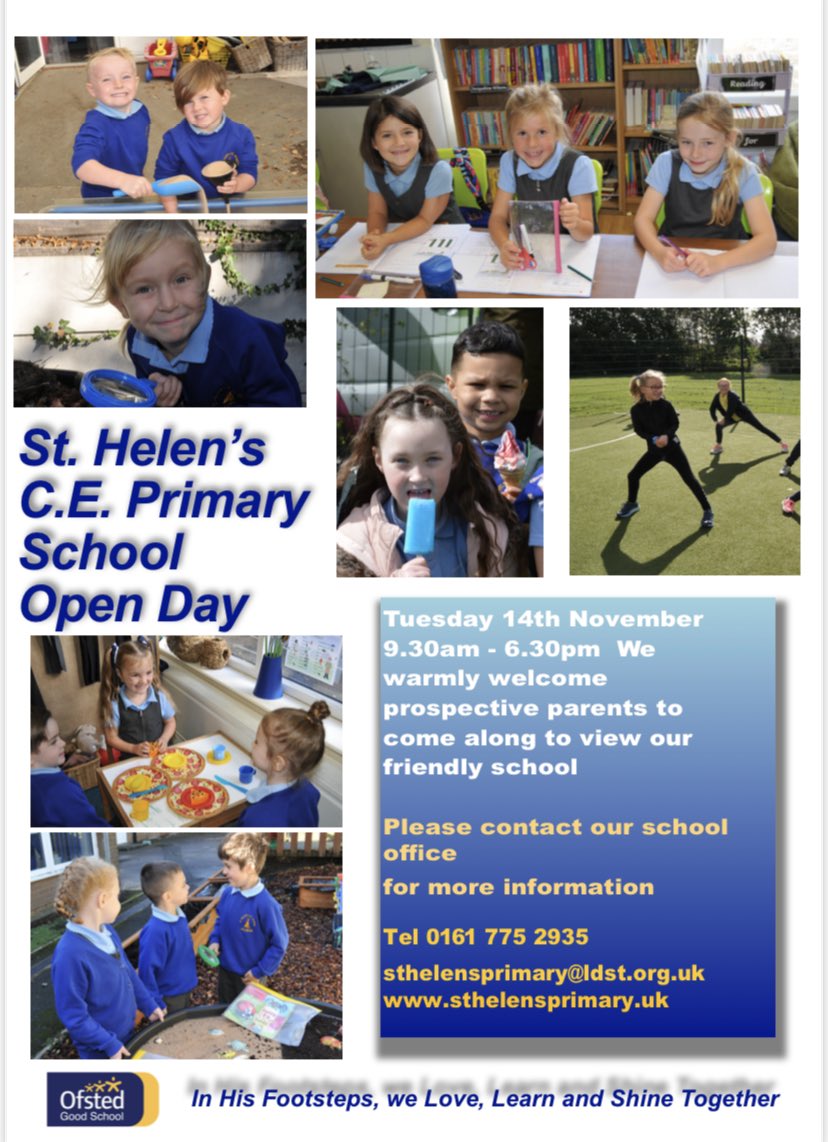 sthelensCEPS's tweet image. We look forward to welcoming you to our St Helen’s CE Primary open day on Tuesday 14th November #ShineTogether 💫