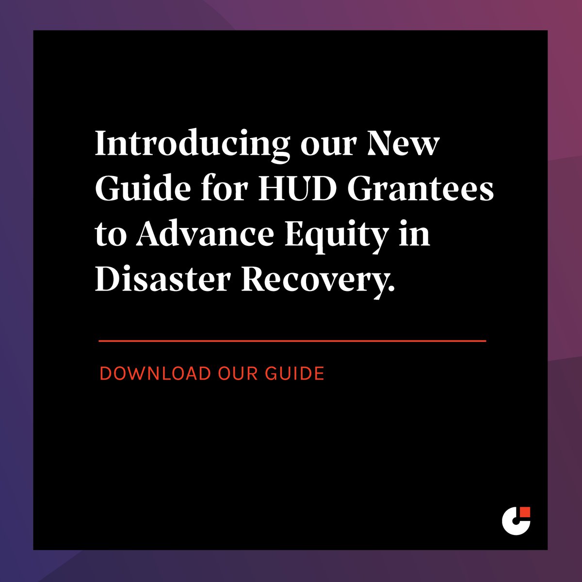 Introducing our new guide for HUD grantees to advance equity in disaster recovery. Designed to help you navigate federal equity requirements, we provide practical steps to incorporating equity into all aspects of your CDBG-DR programs. 

gocivix.com/resources/guid…