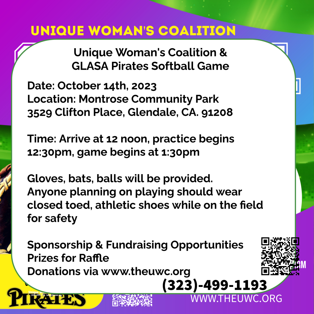We're excited about our upcoming softball game as a part of our fundraising efforts.  We're looking for players; Game day is Sat, Oct 14th at 12 PM 
Sign up here wkf.ms/3ZFCb3T or call (323) 499-1193
Let's do this ❤️⚾️🏏 #theuwcofficial #LAPirates #softball