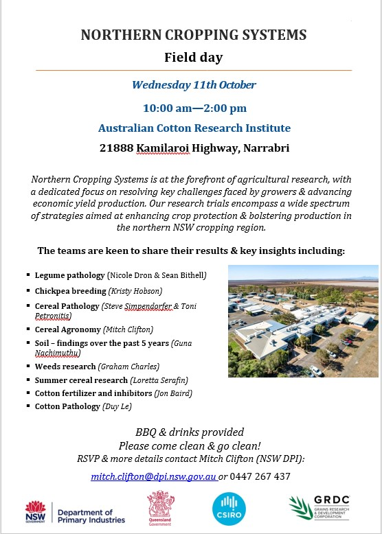 📆FIELD DAY: This Wednesday @ ACRI Narrabri📆 🟧Soils 🦠Disease 🌿Agronomy 🌾Summer crops 🌱Weeds .........& FREE lunch🥪 @nswdpi @GRDCNorth @CottonResearch @s_simpfendorfer @ToniPetronaitis @jonobaird @DuyLe15069637 @kbhobbo @DronNicole @CSIRO @theGRDC