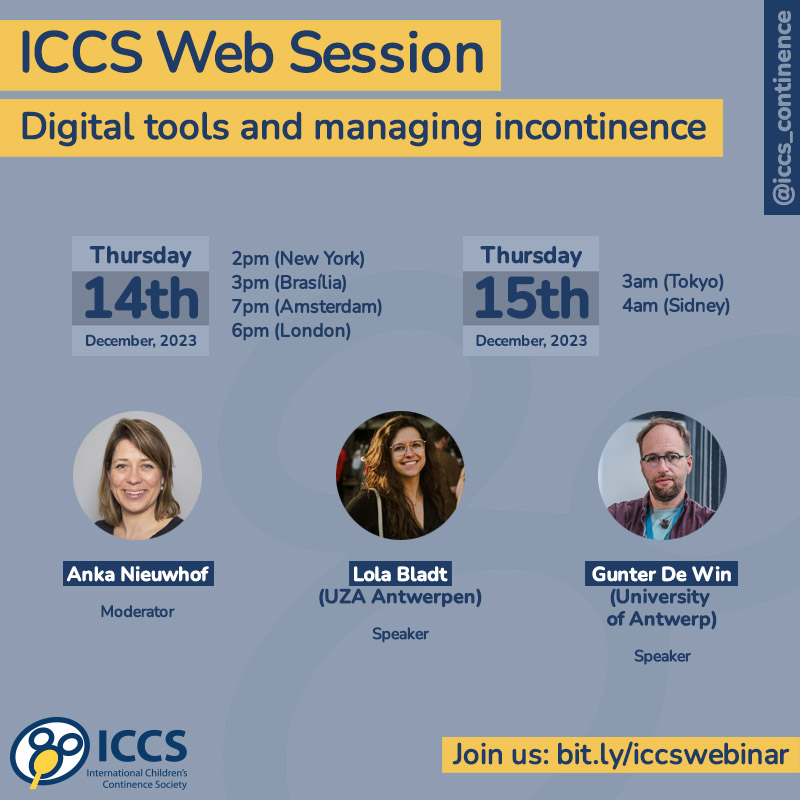 You are invited to our ICCS Web Session, on December 14.

Dr. Anka Nieuwhof, Dr. Lola Bladt, and Dr. Gunter De Win will discuss digital tools and managing incontinence.

Join us: bit.ly/iccswebinar

#urologist #pediatric #urotherapist #physiotherapist #incontinence
