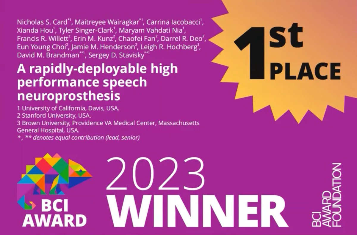 NS_Card's tweet photo. We're so excited that our speech neuroprosthesis project won the 2023 BCI Award! Thanks to all the coauthors for all their hard work @Maitreyee_W @SergeyStavisky @DrDavidBrandman @ca_rrina @BrainGateTeam @neuroleigh @WillettNeuro @pearlsandpython @FanChaofei @JaimieHenderson https://t.co/C59qEl0f3f