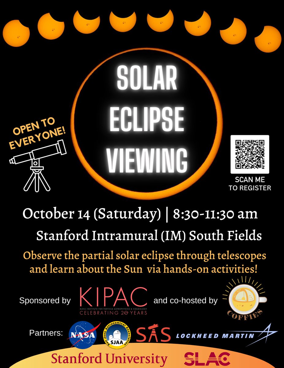 KIPAC1's tweet photo. The solar eclipse is happening in 11 days! Join KIPAC to celebrate this astronomical event on the @stanford campus through solar telescope viewings and hands-on activities. 🔭🌞🤩 See a full program and register here: https://t.co/YE1xqYuMrD https://t.co/dHKIMxc5Df
