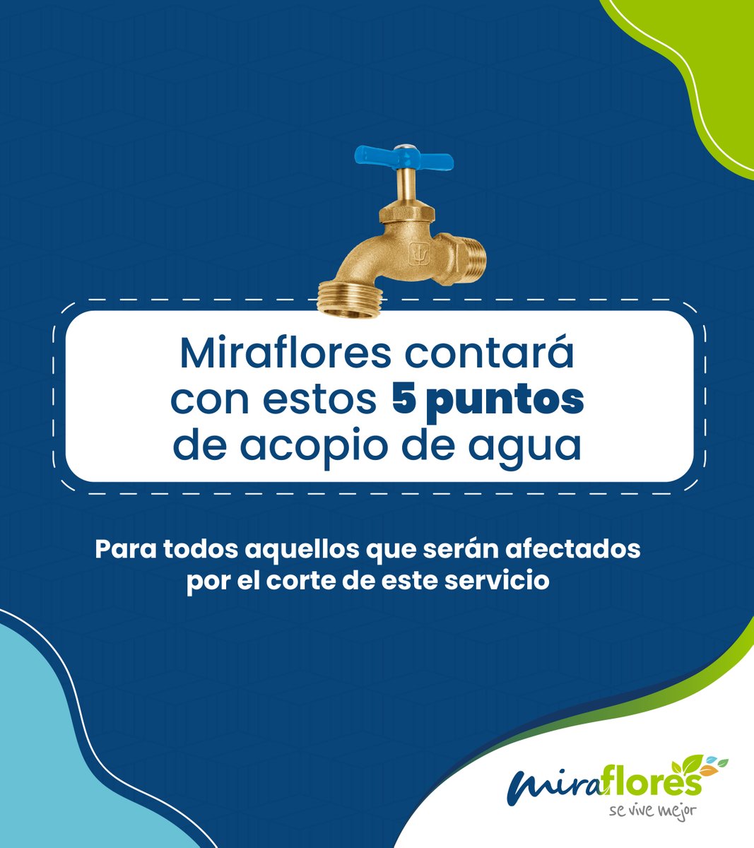 MuniMiraflores's tweet image. 🚰 Ante el corte de agua anunciado, te mostramos aquí los puntos de acopio de agua en #Miraflores, establecidos por #Sedapal. 
Identifícalos y mantente preparado en el siguiente enlace:
bit.ly/3F0VR8T
💧💪 #Miraflores #AbastecimientoDeAgua #JuntosPorLaComunidad