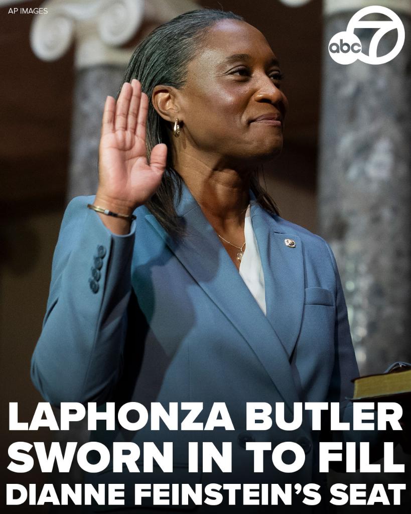 ABC7's tweet image. HISTORY MADE: Laphonza Butler has been sworn in as the newest member of the U.S. Senate, replacing Sen. Dianne Feinstein and becoming only the third Black female senator in history. She is also the first openly LGBTQ+ senator from California. abc7.la/3LN9r3H