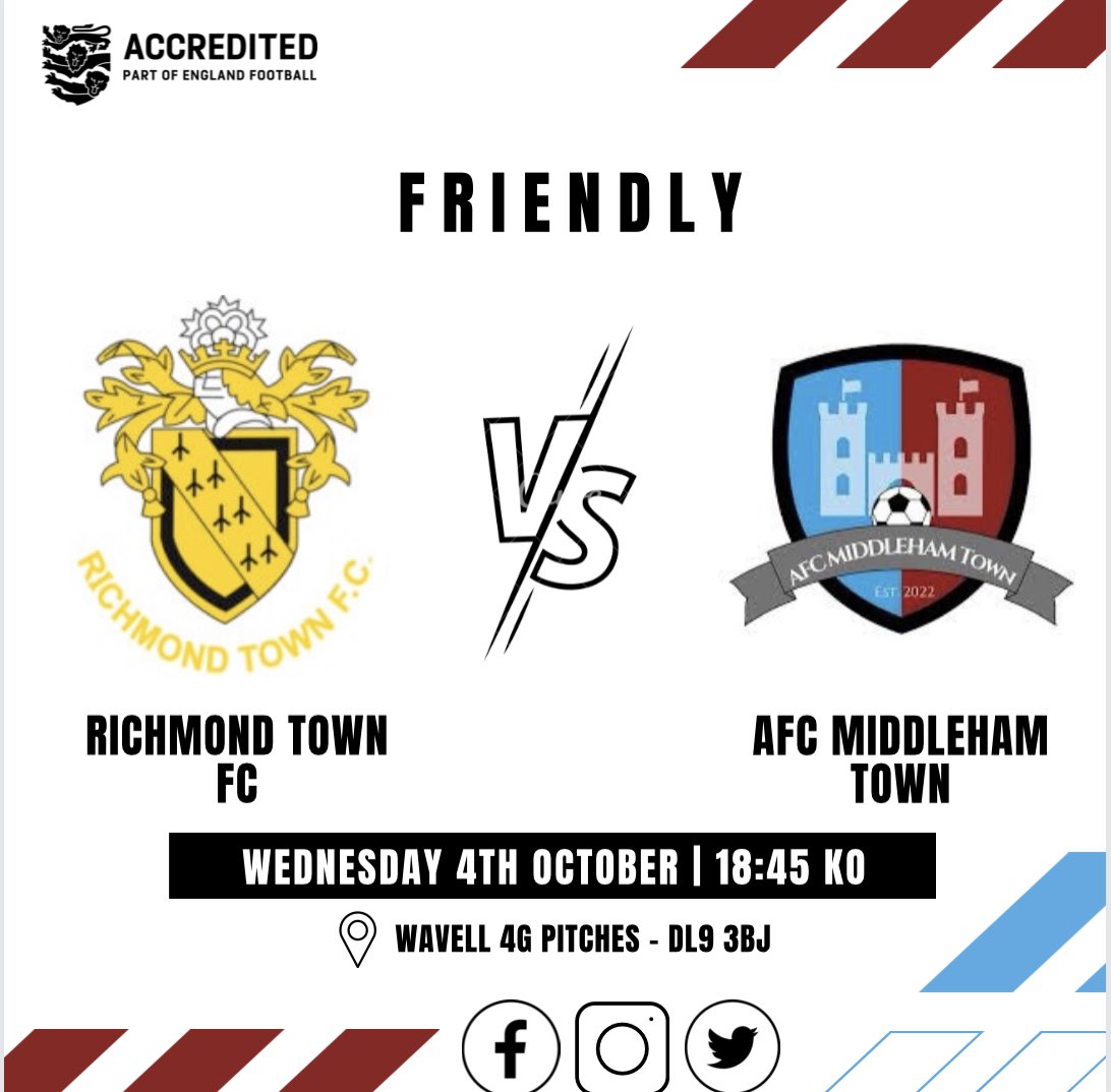 AFC Middleham Town π°π (@afc_middleham) on Twitter photo Tomorrow | πβ½οΈπ°
In a mid-week friendly under the lights, we face the Wearside Premier Division side <a href="/RichmondTownFC/">Richmond Town FC</a> in a friendly β½οΈ
π Wavell Rd, DL9 3BJ
β° 18:45 KO
π€ Friendly
#football #nonleague #grassroots #develop #groundhopper #yorkshire #midweek #groundhopping Tomorrow | πβ½οΈπ°
In a mid-week friendly under the lights, we face the Wearside Premier Division side <a href="/RichmondTownFC/">Richmond Town FC</a> in a friendly β½οΈ
π Wavell Rd, DL9 3BJ
β° 18:45 KO
π€ Friendly
#football #nonleague #grassroots #develop #groundhopper #yorkshire #midweek #groundhopping