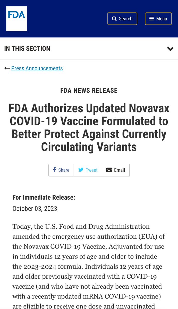 🧪APPROVED—The FDA has now authorized #Novavax’s new XBB-variant booster shot for use in all ages 12+. Anyone previously vaccinated with a #COVID19 vaccine (any brand) are eligible to receive one dose, and unvaccinated may receive 2 doses. #CovidIsNotOver fda.gov/news-events/pr…