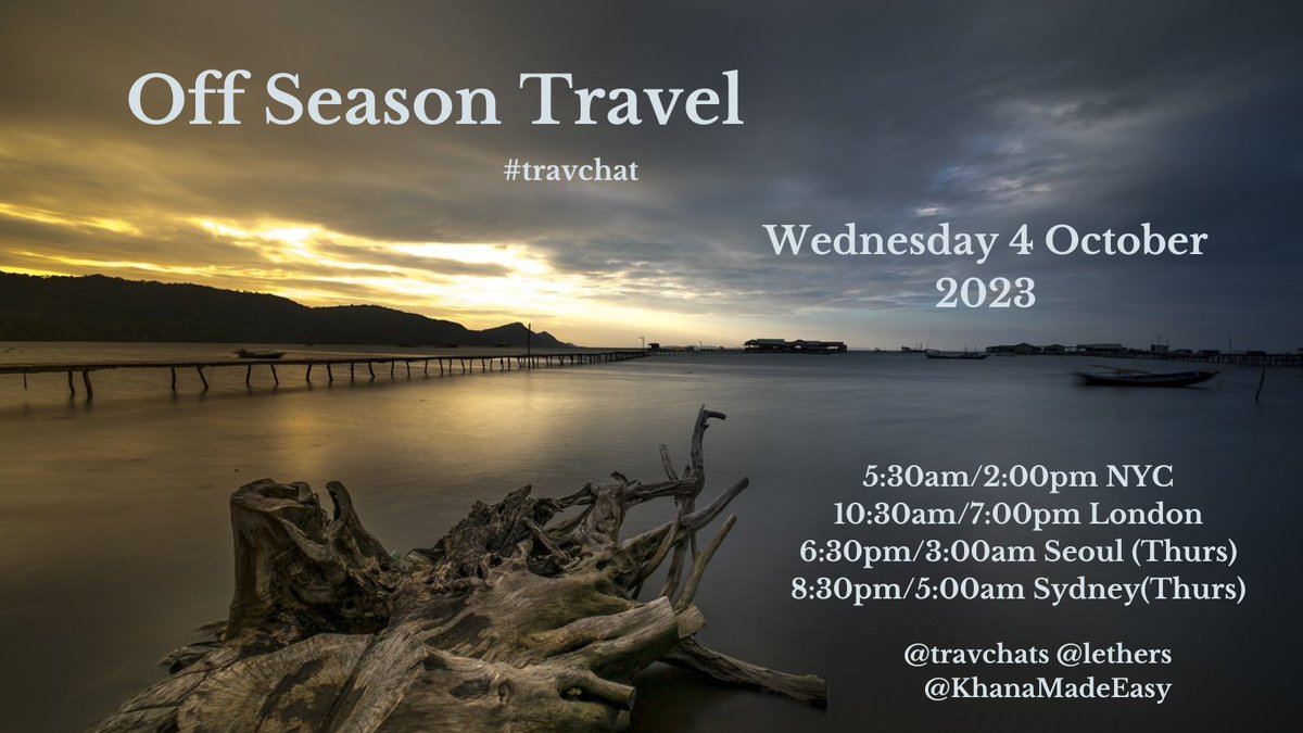 @buenviaggio @ararewoman @bl2life @NomadKeith @wanderlust_lulu @earth_stories @Adventourist2 @crossingpangea @staybushbaby 
Counting down to todays #travchat
Join us & our usual hosts at
5:30am/2:00pm NYC, 10:30am/7:00pm LON, 6:30pm/3:00am(Thurs) Seoul, 8:30pm/5:00am(Thurs) SYD