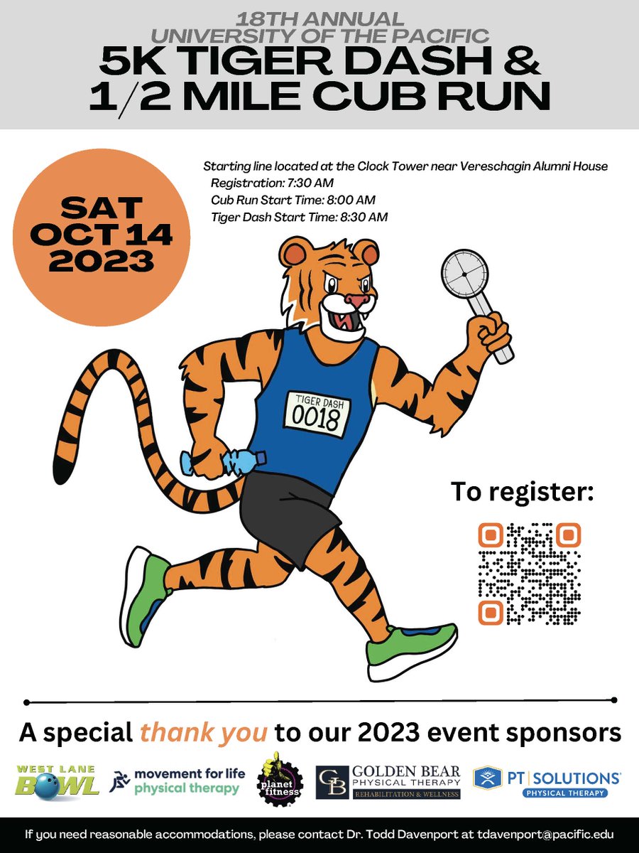 If you're in Northern California and want to run a 5K for a good cause, please register for the Pacific 5K Tiger Dash (and 1/2 Mile Cub Run for children 12 and under). It's a fun run/walk/roll/skate/meander/mosey through our beautiful <a href="/UOPacific/">University of the Pacific</a> campus. Join us! <a href="/UOPacificSHS/">UOPacific School of Health Sciences</a>
