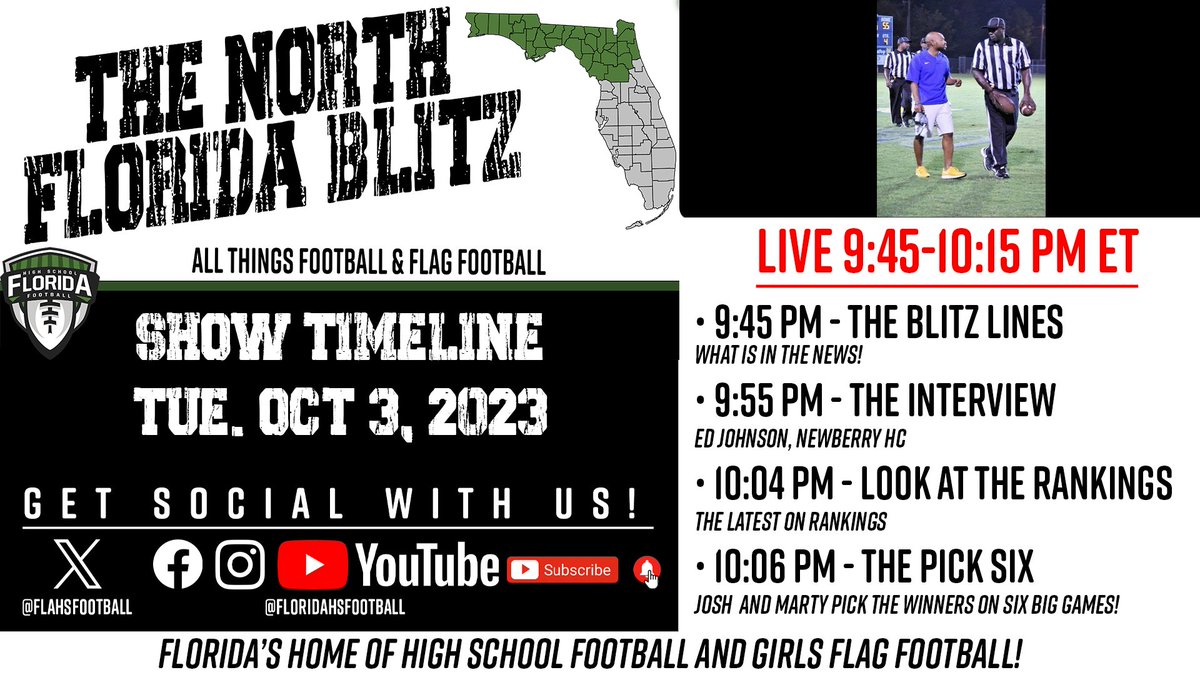The North Florida Blitz – Show No. 3 – October 3, 2023 Join Joshua Wilson & Marty Pallman on The North Florida Blitz, covering all things football & flag football from the Panhandle to Jacksonville and from Tallahassee to Gainesville, including all points in between! SHOW NO. 3…