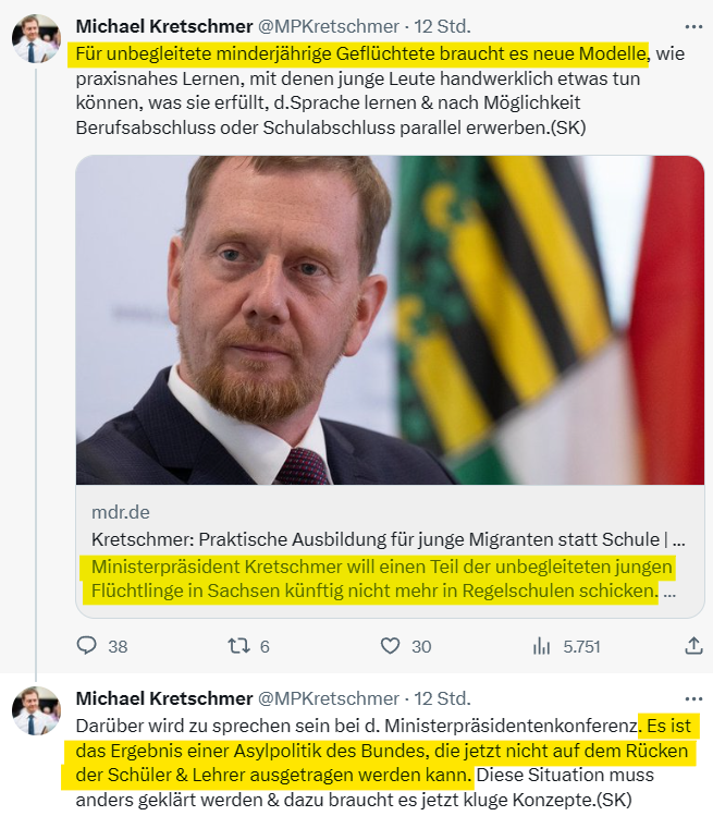 wilke_tobias's tweet photo. #Sachsen|s #CDU-Ministerpräsident #Kretschmer präsentiert Schuldige für den seit >11 Jahren bekannten Lehrermangel: #UmA, also "unbegleitete minderjährige Geflüchtete".

Im Juni '23 waren lt. Staatsregierung 294 UmAs in sächsischer Obhut, also 0,07% der ca. 405.000 Schüler:innen. https://t.co/ZyTP1RxZqd