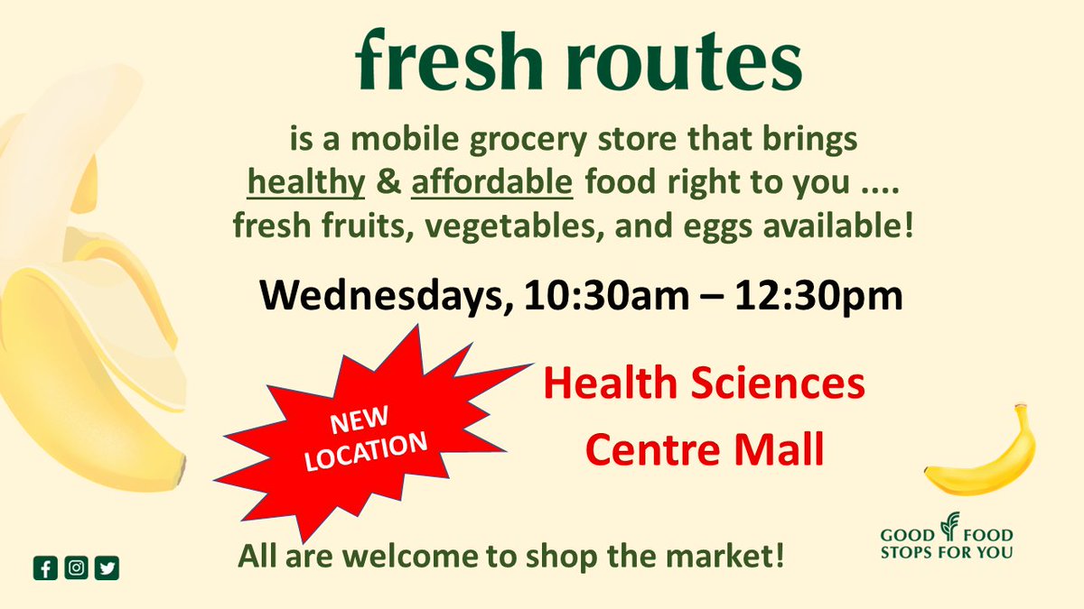 DYK: The mobile grocery store Fresh Routes has moved indoors for the cooler months? You're invited to stop by the Foothills campus Health Sciences Centre Mall tomorrow and every Wednesday to pick up fresh food at affordable prices. @CSM_OPED @OBrien_IPH @yycMDs