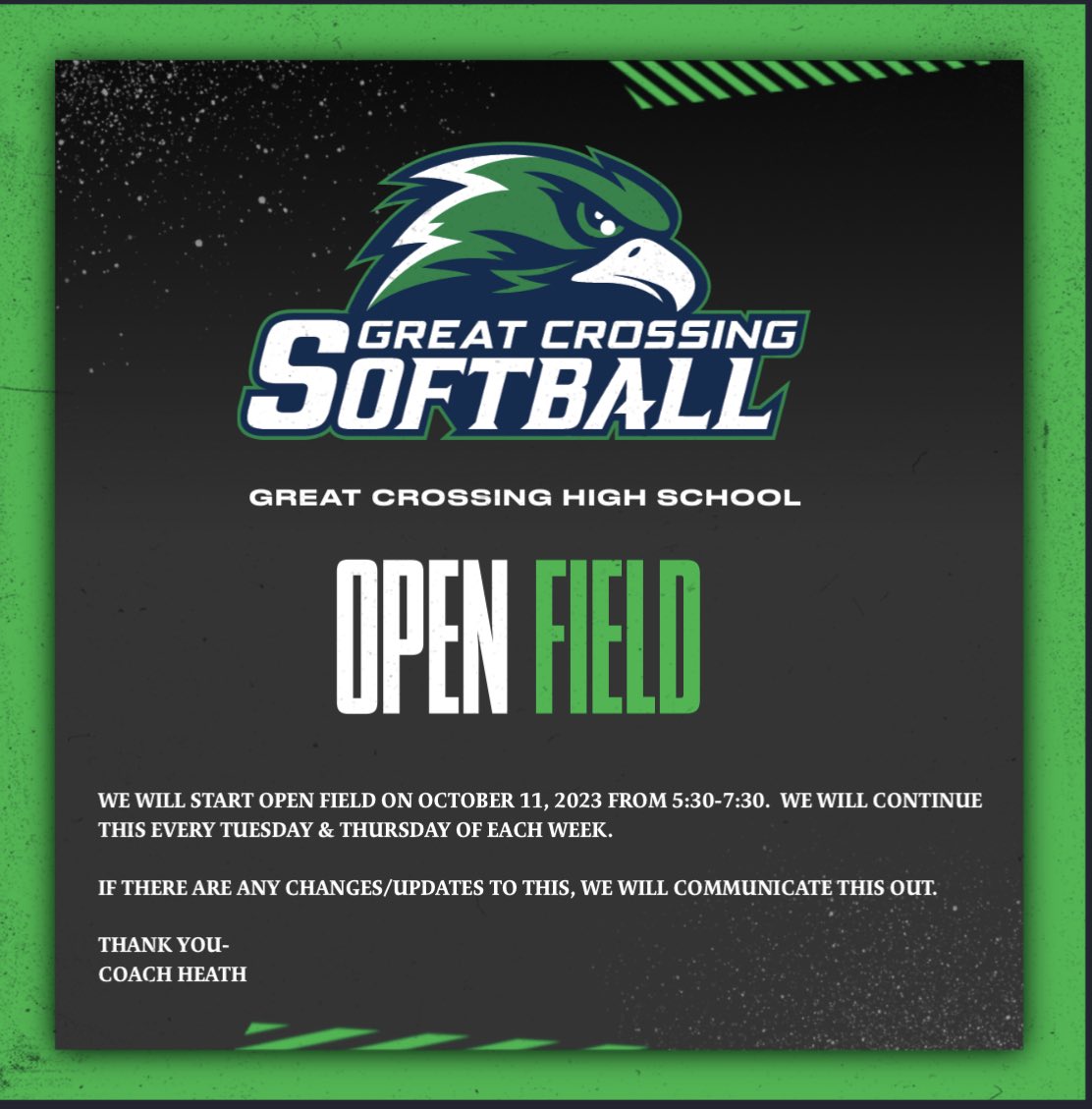 Great Crossing Softball (@gchssoftball3) on Twitter photo Are you ready for some softball? OPEN FIELD will start on October 11th at the Great Crossing softball field! See information below! <a href="/HeathSutton12/">Heath Sutton</a> Are you ready for some softball? OPEN FIELD will start on October 11th at the Great Crossing softball field! See information below! <a href="/HeathSutton12/">Heath Sutton</a>