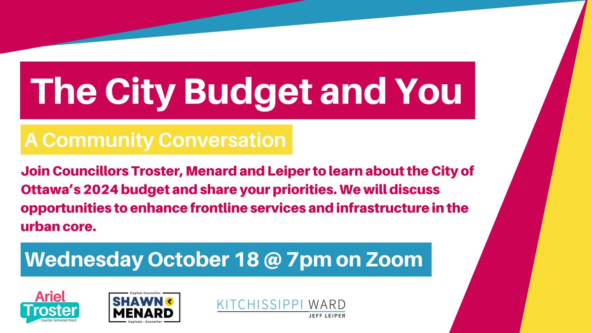 Somerset Ward (@somerset_ward) on Twitter photo Join Councillors <a href="/ArielTroster/">Ariel Trosterdam - Parody</a>, <a href="/ShawnMenard1/">Shawn Menard</a> and <a href="/KitchissippiOtt/">Kitchissippi Ward</a> to learn about the City of Ottawa’s 2024 budget and share your priorities. We will discuss opportunities to enhance frontline services and infrastructure in the urban core.
RSVP here: arieltroster.com/the_city_budge… Join Councillors <a href="/ArielTroster/">Ariel Trosterdam - Parody</a>, <a href="/ShawnMenard1/">Shawn Menard</a> and <a href="/KitchissippiOtt/">Kitchissippi Ward</a> to learn about the City of Ottawa’s 2024 budget and share your priorities. We will discuss opportunities to enhance frontline services and infrastructure in the urban core.
RSVP here: arieltroster.com/the_city_budge…