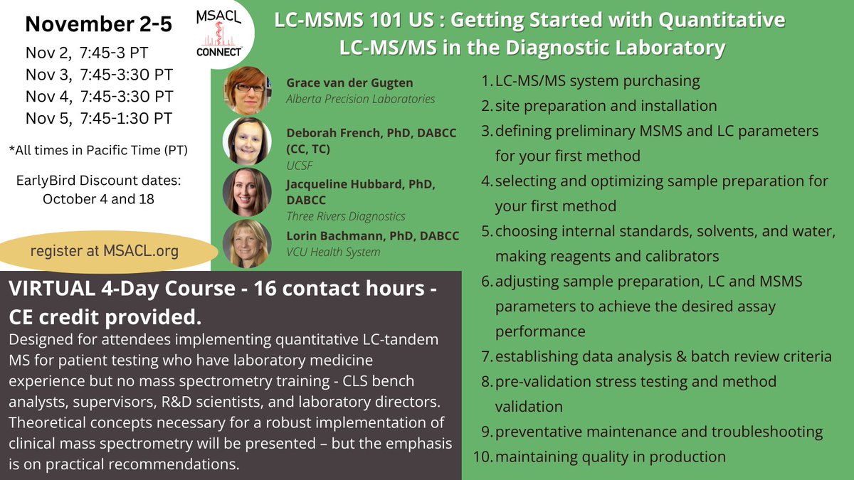 Mass Spec Short Course: MSACL LC-MSMS 101 is available November 2-5 virtually. Continuing education credit for 16 contact hours with a focus on diagnostic laboratory LC-MSMS topics. Register by Early Bird deadlines of Oct 4 and Oct 18 for discounts: msacl.org/?header=Connec…