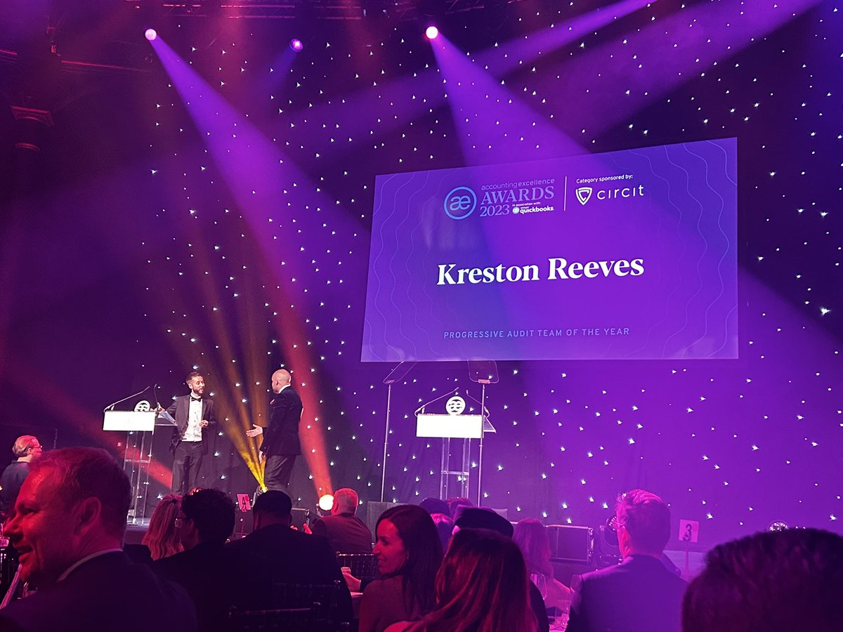 And the winner is… congrats to <a href="/KrestonReeves/">Kreston Reeves</a> from the team at <a href="/wolterskluwerUK/">Wolters Kluwer Tax & Accounting UK</a> for winning the progressive audit firm of the year award at tonight’s #ae23 awards 
#accountants <a href="/AWEBExcellence/">Accounting Excellence</a> #bookkeepers