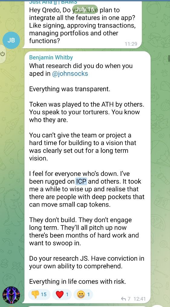 Trader_Barbie's tweet photo. @QredoNetwork @JoshGoodbody Everyone is aware that @john_socks380 is one of the biggest @QredoNetwork OGs and when he expressed his opinions about ongoing Qredo Shitshow, that's the answer he got from Qredo board member @benjaminjwhitby 

Justify his message yourself, dear reader. https://t.co/0GrlBq6RhI