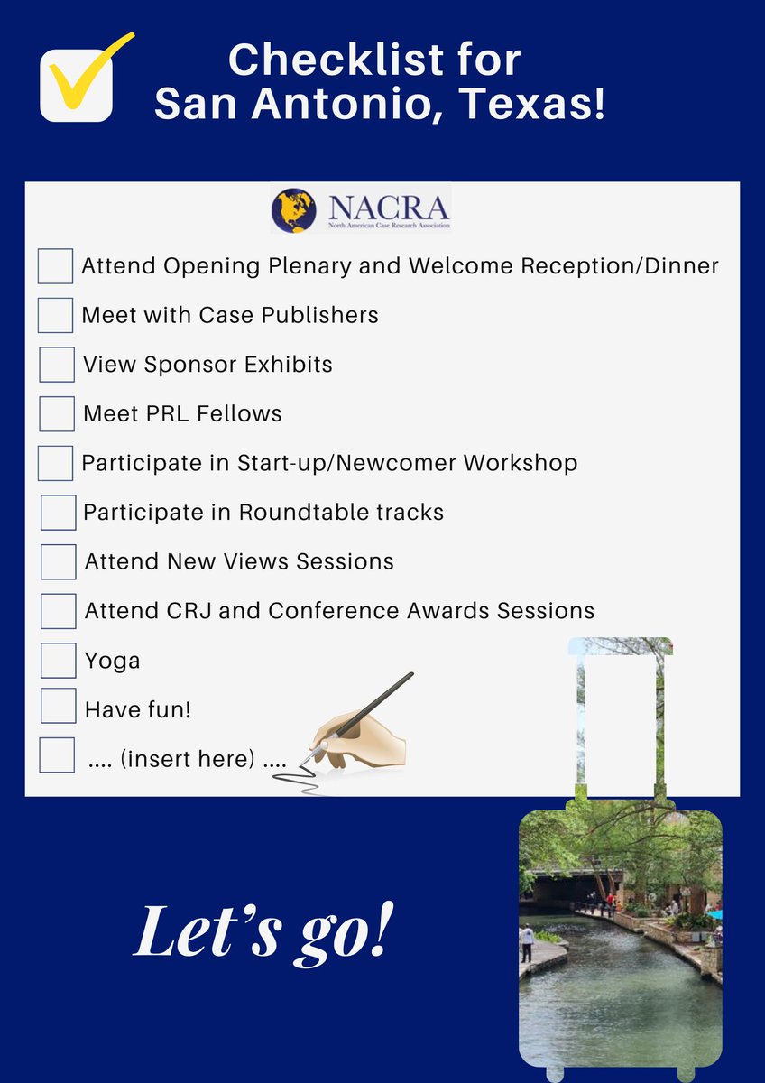 Ready, set, see you soon!
Oct 5-7, 2023

#caseresearch #casemethod #casepedagogy #casestudy #casewriting #caseteaching #SanAntonioTexas #NACRA2023