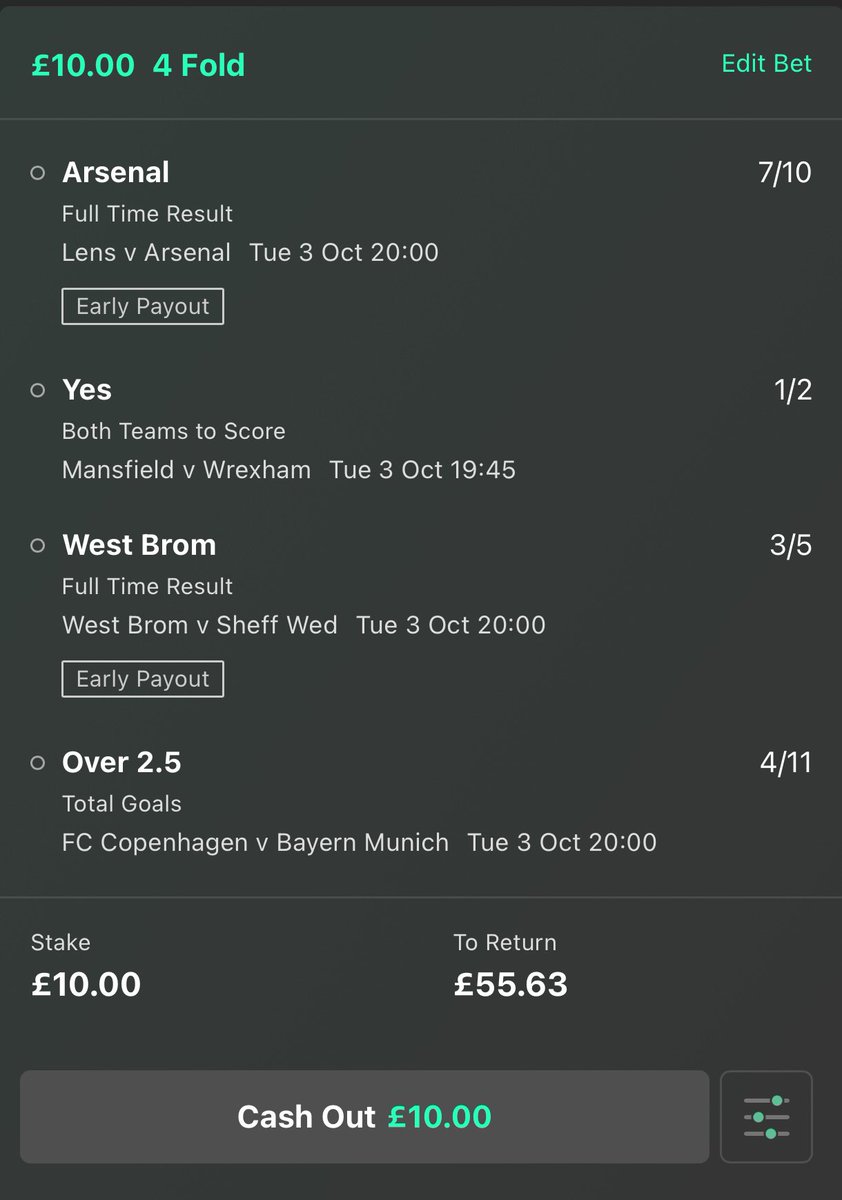 Tonight’s mixed acca 👀 🇪🇺 Arsenal to win 🏴󠁧󠁢󠁥󠁮󠁧󠁿 Mansfield v Wrexham - both teams to score 🏴󠁧󠁢󠁥󠁮󠁧󠁿 West Brom to win 🇪🇺 FC Copenhagen V Bayern Munich - over 2.5 goals Odds - 4.5/1 🤑🤞