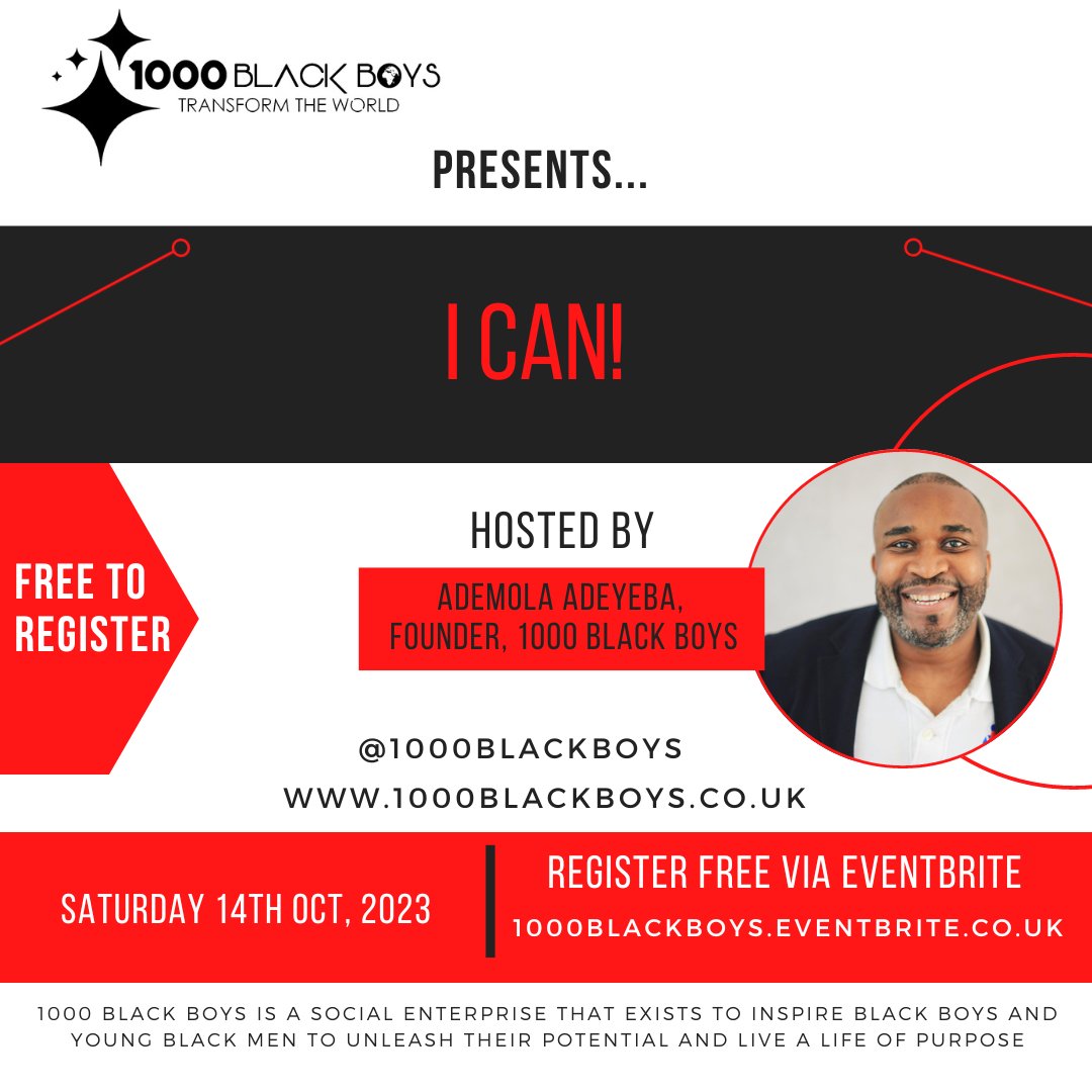 ademolajadeyeba's tweet photo. Our next @1000blackboys Inspiration & Empowerment Event is live. Theme “I Can!” AMAZING line up of speakers. Here to show Black boys & young Black men that they absolutely can!
Reg free - https://t.co/GbbLB1Eqdw
#1000blackboys #transformtheworld #1000blackboysevents https://t.co/uwtNkfcw0Z