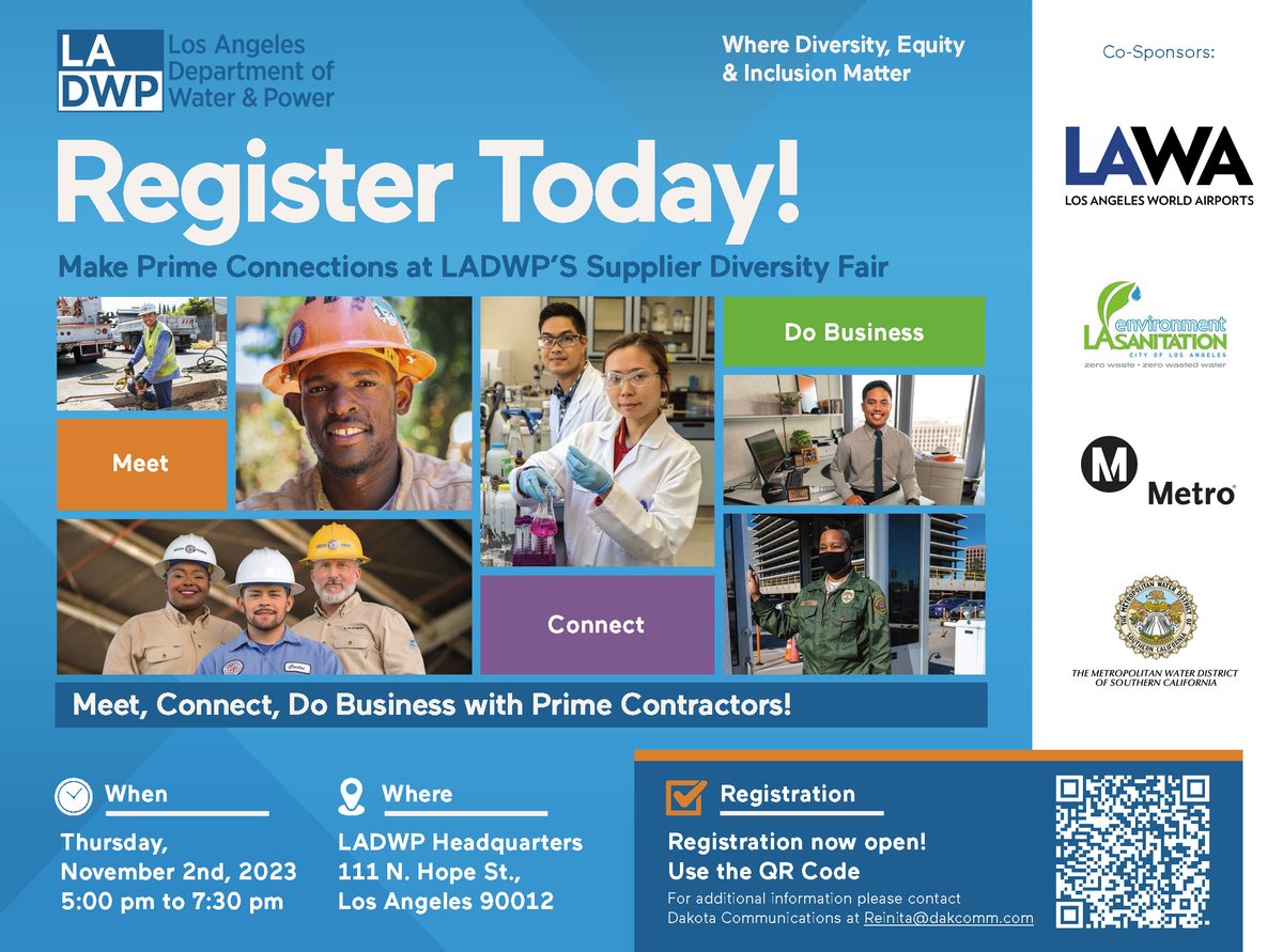 dakcomm's tweet image. Register for LADWP’s Supplier Diversity Fair on Thursday, November 2nd from 5:00 pm-7:30 pm at the LADWP Headquarters. We're inviting local, small &amp;amp; disadvantaged businesses for an opportunity to network with Prime Contractors &amp;amp; City Agencies: eventbrite.com/e/ladwp-suppli…