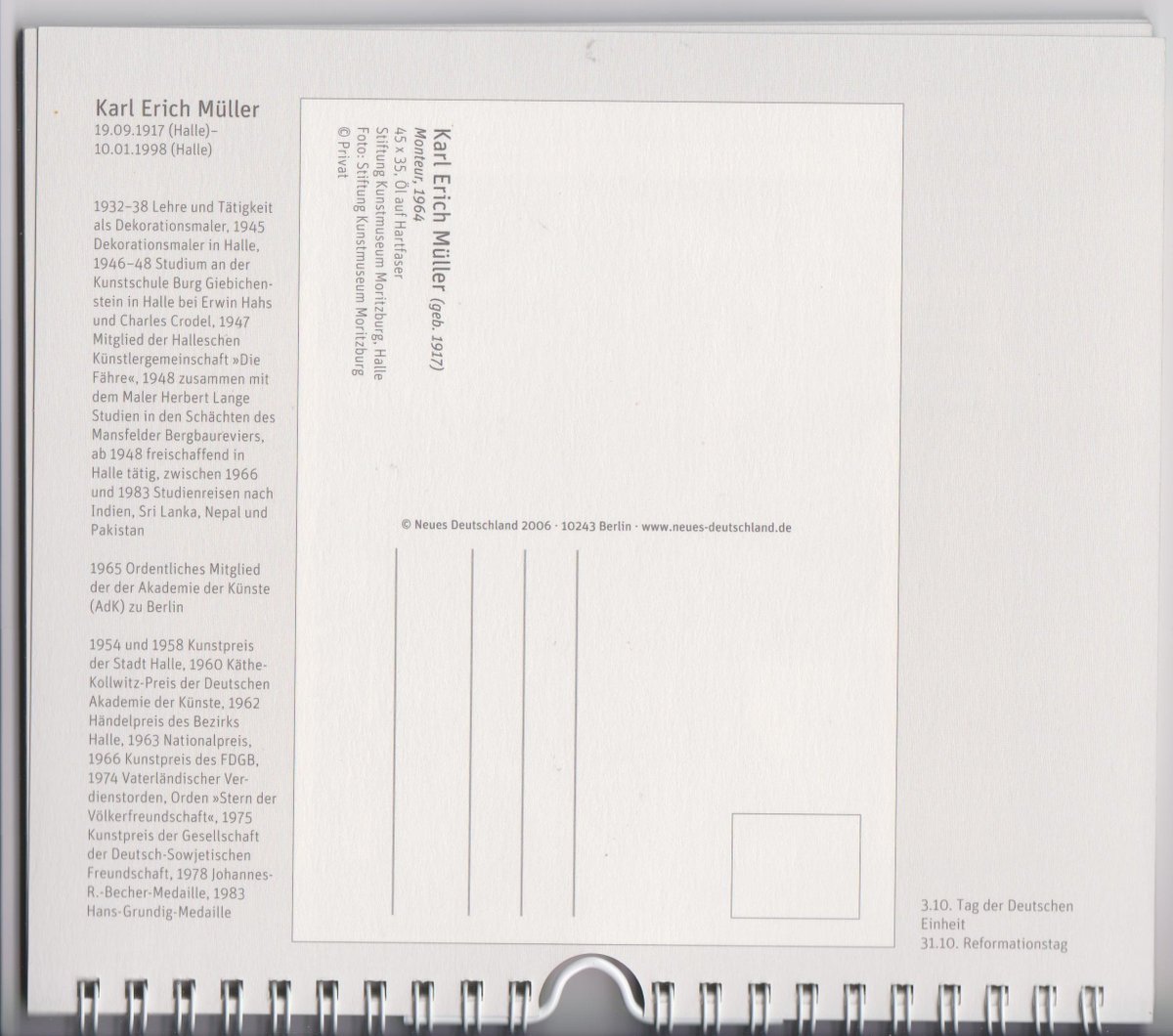 Seven years after German unification: from Neues Deutschland's calendar of GDR artists.