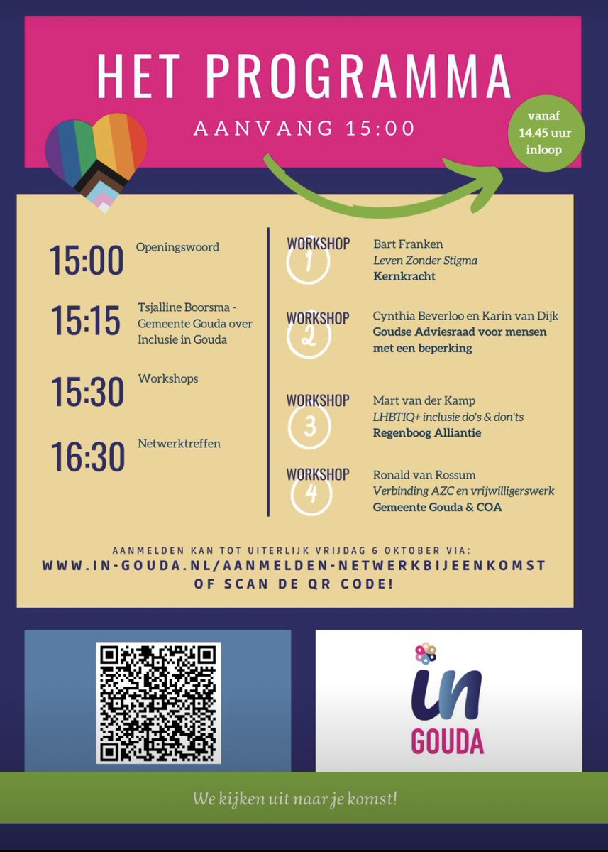 IN-Gouda (@in_gouda) on Twitter photo Reminder! š”š”
Volgende week is er weer een grote bijeenkomst over #INCLUSIE. We hebben naast een plenair startprogramma de keus uit 4 workshops:
in-gouda.nl/aanmelden-netwā¦
Heb je iets extraās nodig om deel te nemen? b.melissen@sociaalteamgouda.nl #gouda #informeelnetwerk #ingouda Reminder! š”š”
Volgende week is er weer een grote bijeenkomst over #INCLUSIE. We hebben naast een plenair startprogramma de keus uit 4 workshops:
in-gouda.nl/aanmelden-netwā¦
Heb je iets extraās nodig om deel te nemen? b.melissen@sociaalteamgouda.nl #gouda #informeelnetwerk #ingouda