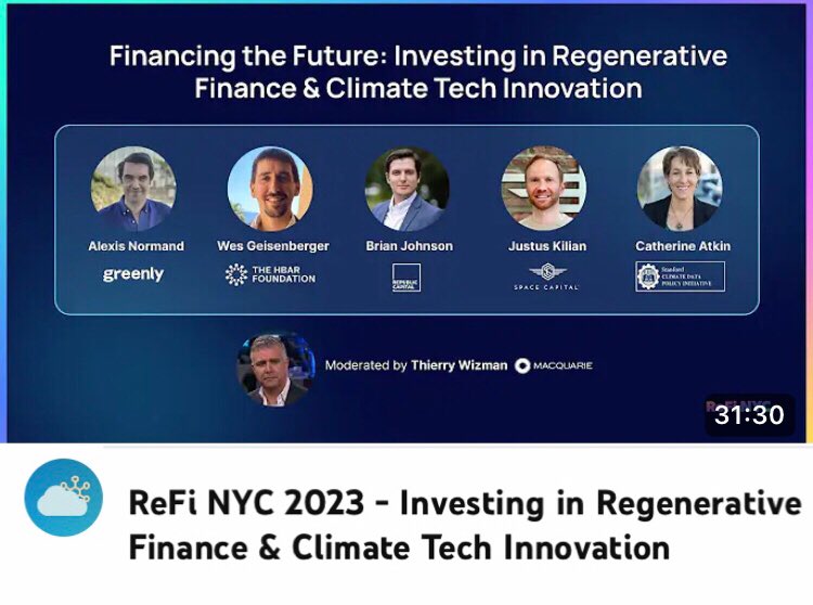 Dany Eid (@danyeid_) on Twitter photo 1/5 At <a href="/refinyc/">ReFi NYC</a>, <a href="/ThierryWizman/">Thierry Wizman</a> MD <a href="/Macquarie/">Macquarie Group</a> moderates:
✅<a href="/catherinedatkin/">Catherine Atkin</a> Chair <a href="/CodeXStanford/">CodeX Stanford</a> CDPI
✅@bri8nj Head of Crypto <a href="/_rcapital_/">Republic Capital</a>
✅<a href="/jud_ball/">Justus Kilian 🌍</a> MP <a href="/SpaceCapital/">Space Capital</a> ✅<a href="/slarxe/">Alexis Normand</a> CEO <a href="/Greenly_Earth/">Greenly</a>
✅<a href="/geisenbergerwes/">Wes Geisenberger 🌎 🌱</a> VP #ESG <a href="/HBAR_foundation/">HBAR Foundation</a> #Hedera $HBAR
youtu.be/FqIfPPBmIW0?si… 1/5 At <a href="/refinyc/">ReFi NYC</a>, <a href="/ThierryWizman/">Thierry Wizman</a> MD <a href="/Macquarie/">Macquarie Group</a> moderates:
✅<a href="/catherinedatkin/">Catherine Atkin</a> Chair <a href="/CodeXStanford/">CodeX Stanford</a> CDPI
✅@bri8nj Head of Crypto <a href="/_rcapital_/">Republic Capital</a>
✅<a href="/jud_ball/">Justus Kilian 🌍</a> MP <a href="/SpaceCapital/">Space Capital</a> ✅<a href="/slarxe/">Alexis Normand</a> CEO <a href="/Greenly_Earth/">Greenly</a>
✅<a href="/geisenbergerwes/">Wes Geisenberger 🌎 🌱</a> VP #ESG <a href="/HBAR_foundation/">HBAR Foundation</a> #Hedera $HBAR
youtu.be/FqIfPPBmIW0?si…