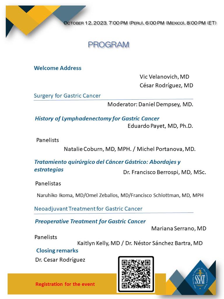 Don't miss it! 
SSAT Chapter in Peru Webinar: Surgery and Neoadjuvant Therapy in #Gastric #Cancer.
October 12th 7.00 PM Peru / 8.00 PM ET.
 #oncsurgery  us02web.zoom.us/webinar/regist…