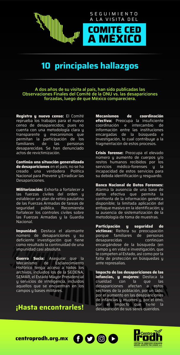 🌐 A dos años de su visita al país, han sido publicadas las Observaciones Finales del Comité de la ONU vs. las #DesaparicionesForzadas (#ComitéCED), luego de que México compareciera.

Destacamos los 10 principales señalamientos 🧵