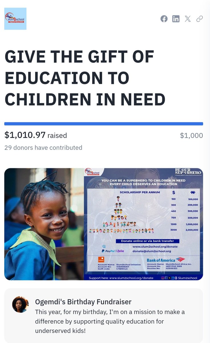 Ogemdi Anika (@ogemdianika) on Twitter photo I am overwhelmed with joy and gratitude to announce that we have successfully achieved our birthday fundraising target of $1,000 for <a href="/Slum2School/">Slum2School Africa</a>
Thanks to the incredible generosity of each and every one of you I am overwhelmed with joy and gratitude to announce that we have successfully achieved our birthday fundraising target of $1,000 for <a href="/Slum2School/">Slum2School Africa</a>
Thanks to the incredible generosity of each and every one of you