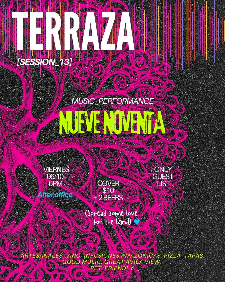 Alejo0027's tweet photo. Este viernes 6 de octubre @NueveNoventa_ estará presentando su repertorio en un sitio increíble y además con una súper vista @terrazabarandkitchen ☀️🍺 reserva a través del DM o al 04140224165
Nos vemos 🤘🏼❤️‍🔥
#Rock  #rockdecaracas #laterraza #atardecer #caracas #venezuela🇻🇪 https://t.co/Dx0tJrr5EY