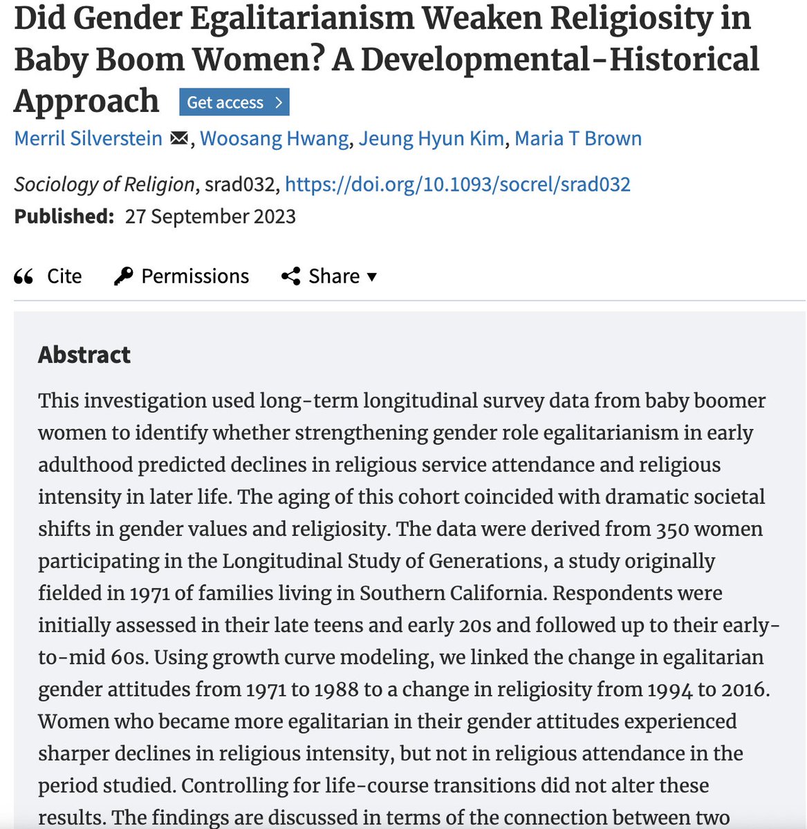 This week's featured publication is from CAPS affiliates Merril Silverstein and Maria Brown! Along with their coauthors, they find that shifts in gender values were associated with ⬇️ in religious intensity but not attendance. Read the full article here: tinyurl.com/2s46228s