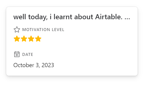 bhavyaaa_here's tweet photo. Day 3 of #100DaysONoCode
@airtable day it was. a hassle-free tool to create tables. I wish i could make my dbms practical tables here. π
Try Streaksta Days (a mini-journal tool) π
that's all for today. bye for now.π«‘
https://t.co/k4ae4cgxsV https://t.co/ePe0sCmoIK